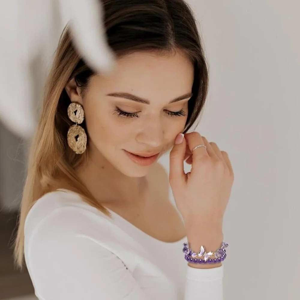 Purple Beaded Healing Bracelet with Butterfly Charm for Women